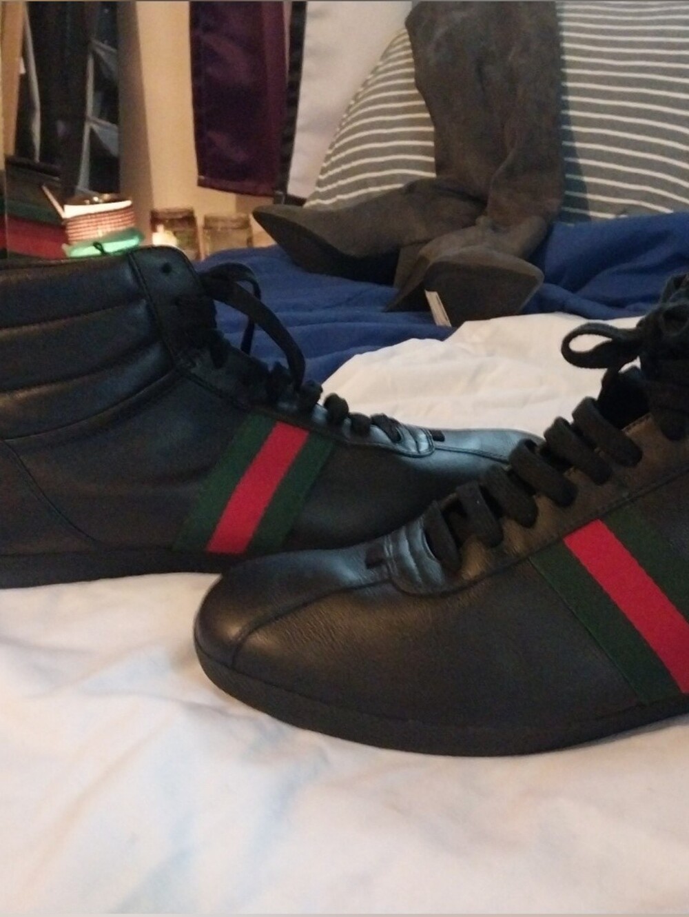 Gucci Black Leather High-Top Sneakers with Red & Green Web Stripe Size 11 1/2